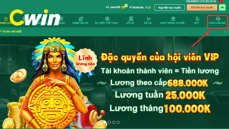 Người chơi chọn mục CSKH Online trên giao diện CWIN